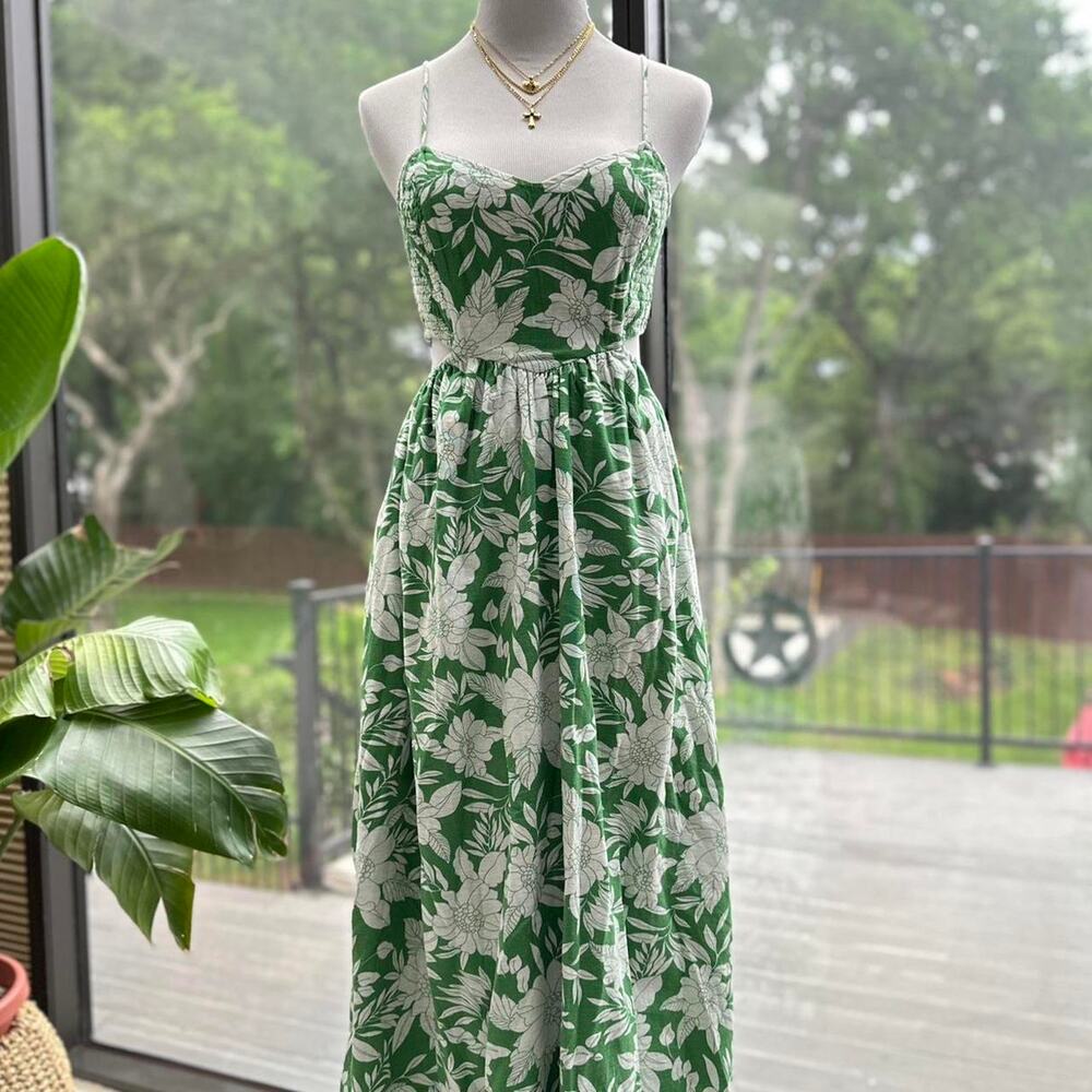 American Eagle Green Floral Maxi Dress Linen Blend NWT